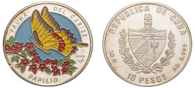 Cuba, Second Republic, 1959-. Coloured AR Proof 10 Pesos, 1996, Papilio Butterfly - Series: Caribbean Fauna, Havana mint, 20.00g (KM566).

About uncir...