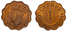 Cyprus, British Administration, George VI, 1936-1952. Piastre, 1944, Royal mint, 5.14g (KM23a; Fitikides 79).

Uncirculated with exceptional red colou...