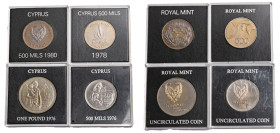 Cyprus, Republic, 1960-. Lot of 4 coins comprising 500 Mils, 1976, Refugee (KM45; Fitikides 129B); Pound, 1976, Refugee (KM46; Fitikides 130B); 500 Mi...