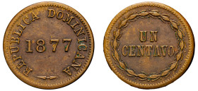 Dominican Republic, Second Republic, 1863-1916. Centavo, 1877, Scovill Manufacturing Company, 4.40g (KM3).

About extremely fine.