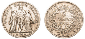 France, Second Republic, 1848-1852. 5 Francs, 1848 A, Paris mint, 24.91g (KM756.1; Dav. 92).

Harshly cleaned, very fine.