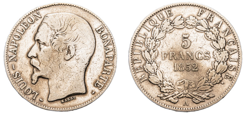 France, Napoleon III, 1852-1870. 5 Francs, 1852 A, Paris mint, 24.64g (KM773.1; ...