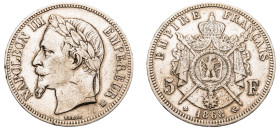 France, Napoleon III, 1852-1870. 5 Francs, 1868 BB, Strasbourg mint, 24.87g (KM799.2; Dav. 96).

Harshly cleaned, good very fine.