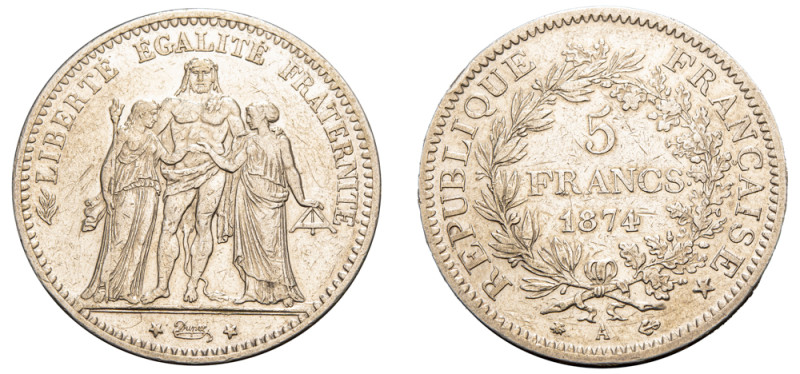 France, Third Republic, 1870-1940. 5 Francs, 1874 A, Paris mint, 24.92g (KM820.1...