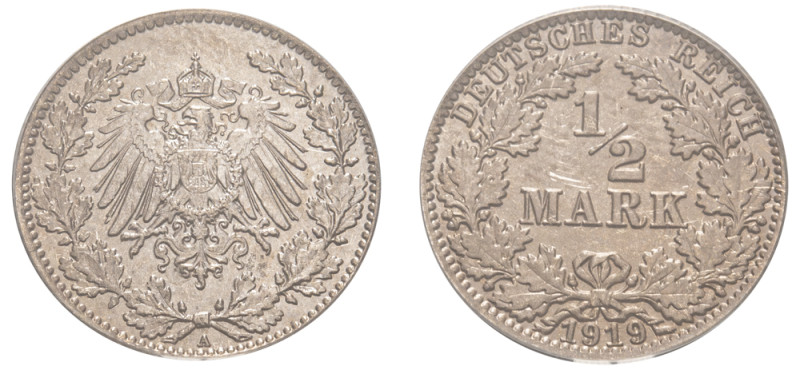 Germany (1871-1948), Wilhelm II, 1888-1918. 1/2 Mark, 1919 A, Berlin mint (KM17)...