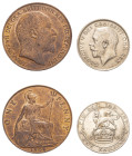 Great Britain, Edward VII, 1901-1910 and George V, 1910-1936. Lot of 2 coins comprising Penny, 1908, London mint, 9.36g (KM794.2; S-3990) and Shilling...