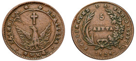Greece, Governor I. Kapodistrias, 1828-1831. 5 Lepta, 1828, converging rays and solid circle, 8.29g (KM2; Divo 5; Chase 135).

Very fine.