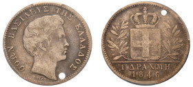 Greece, King Otto, 1832-1862. Drachma, 1846, First Type, Athens mint (KM15; Divo 12f).

Graded VF Details, Holed PCGS.