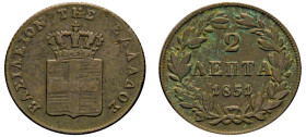 Greece, King Otto, 1832-1862. 2 Lepta, 1851, Fourth Type, Athens mint, 2.32g (KM31; Divo 28a).

About very fine with deposits.