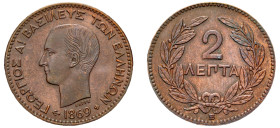 Greece, King George I, 1863-1913. 2 Lepta, 1869 BB, First Type, Strasbourg mint, 2.01g (KM41; Divo 67; IV6).

Good extremely fine to uncirculated, cle...