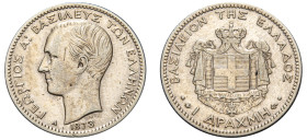 Greece, King George I, 1863-1913. Drachma, 1873 A, First Type, Paris mint, 4.96g (KM38; Divo 53b; IV3).

Good very fine or better with much remaining ...