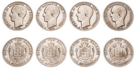 Greece, King George I, 1863-1913. Lot of 4 coins comprising Drachma (4), 1873 A, First Type, Paris mint, total weight 19.36g (KM38; Divo 53b; IV3).

F...