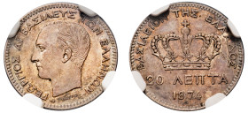 Greece, King George I, 1863-1913. 20 Lepta, 1874 A, First Type, Paris mint (KM44; Divo 56a; IV9). 

Graded AU58 NGC.

From the ‘Athanasios’ Collection...