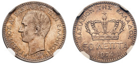 Greece, King George I, 1863-1913. 50 Lepta, 1874 A, First Type, Paris mint (KM37; Divo 55b; IV2).

Graded AU58 NGC.

From the ‘Athanasios’ Collection,...