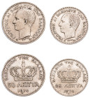 Greece, King George I, 1863-1913. Lot of 2 coins comprising 20 Lepta, 1874 A, First Type, Paris mint, 1.00g (KM44; Divo 56a; IV9) and 50 Lepta, 1874 A...