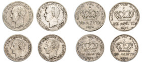 Greece, King George I, 1863-1913. Lot of 4 coins comprising 20 Lepta (2), 1874 A, First Type, Paris mint, 0.99g and 1.00g (KM44; Divo 56a; IV9) and 50...