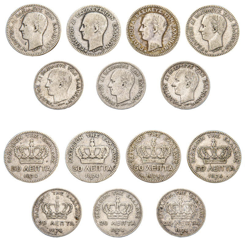 Greece, King George I, 1863-1913. Lot of 7 coins comprising 20 Lepta (3), 1874 A...