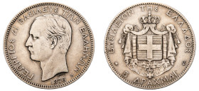 Greece, King George I, 1863-1913. 5 Drachmai, 1876 A, First Type, Paris mint, 24.96g (KM46; Divo 50b; IV10; Dav. 117).

Very fine.