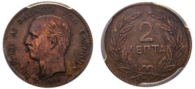 Greece, King George I, 1863-1913. 2 Lepta, 1878 K, Second Type, Bordeaux mint, variety with large anchor (KM53; Divo 68; IV17.1).

Graded AU Details, ...