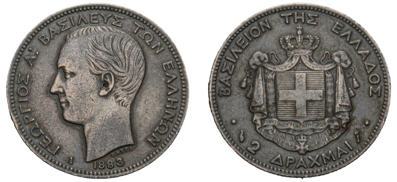 Greece, King George I, 1863-1913. 2 Drachmai, 1883 A, First Type, Paris mint, 9....