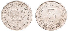 Greece, King George I, 1863-1913. 5 Lepta, 1895 A, Third Type, Paris mint, 1.96g (KM58; Divo 65b; IV22).

Extremely fine.