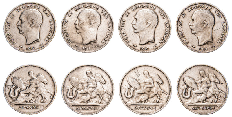 Greece, King George I, 1863-1913. Lot of 4 coins comprising Drachma, 1910 (3), S...