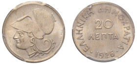 Greece, First Republic, 1924-1935. 20 Lepta, 1926, Vienna mint (KM67; Divo 110).

Graded MS66 PCGS.