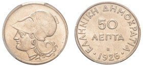 Greece, First Republic, 1924-1935. 50 Lepta, 1926 B, Vienna mint (KM68; Divo 109b).

Graded MS65+ PCGS.