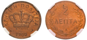 Greece, Crete, Prince George, 1898-1906. 2 Lepta, 1900 A, Paris mint (KM2; Divo 137a).

Graded MS64RD NGC.