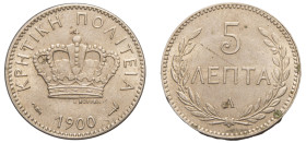 Greece, Crete, Prince George, 1898-1906. 5 Lepta, 1900 A, Paris mint (KM3; Divo 136).

Uncirculated with much remaining lustre, some rust spots on rev...