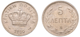 Greece, Crete, Prince George, 1898-1906. 5 Lepta, 1900 A, Paris mint, 2.00g (KM3; Divo 136).

Extremely fine or better.
