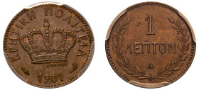 Greece, Crete, Prince George, 1898-1906. Lepton, 1901 A, Paris mint (KM1.2; Divo 138b).

Graded MS63BN PCGS.