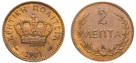 Greece, Crete, Prince George, 1898-1906. 2 Lepta, 1901 A, Paris mint, 2.08g (KM2; Divo 137b).

Good extremely fine.