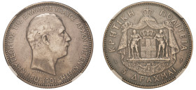 Greece, Crete, Prince George, 1898-1906. 5 Drachmai, 1901, Paris mint (KM9; Divo 130; Dav. 118).

Graded XF Details, Cleaned NGC.