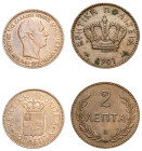 Greece, Crete, Prince George, 1898-1906. Lot of 2 coins comprising 2 Lepta, 1901 A, Paris mint, 1.97g (KM2; Divo 137b) and 50 Lepta, 1901, Paris mint,...