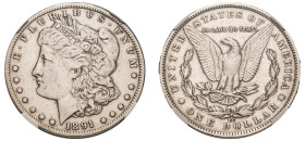 USA, Federal Republic, 1776-. “Morgan” Dollar, 1891 CC, Carson City mint, VAM-3 Spitting Eagle (KM110).

Graded XF Details, Cleaned NGC.