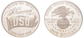 USA, Federal Republic, 1776-. AR Proof Dollar, 1991 S, 50th Anniversary of the United Service Organisations, San Francisco mint, 26.73g (KM232).

In o...