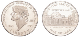 USA, Federal Republic, 1776-. AR Proof Dollar, 1993 S, Thomas Jefferson’s 250th Birthday, San Francisco mint, 26.73g (KM249).

In original case, uncir...