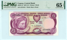 Cyprus
Central Bank
5 Pounds, 1 June 1979
S/N J275444
Printer: TDLR
Watermark: Ram’s Head
Pick 47

Graded Gem Uncirculated 65 EPQ PMG.