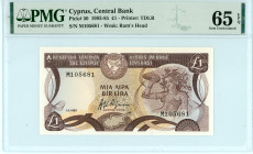 Cyprus
Central Bank
Pound, 1 November 1982 - Issue of 1982-1985
S/N M105681
Printer: TDLR
Watermark: Ram’s Head
Pick 50

Graded Gem Uncirculated 65 EP...