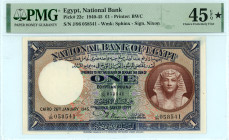 Egypt
National Bank
Pound, 26th January 1945 - Issue of 1940-1945
S/N J/96 058541 - Signature of Nixon
Printer: BWC
Watermark: Sphinx
Pick 22c

Graded...