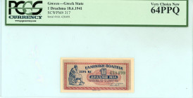 Greece
Greek State (ΕΛΛΗΝΙΚΗ ΠΟΛΙΤΕΙΑ)
Drachma, 18 June 1941
S/N MA 428499
Printer: Aspiotis-ELKA
Pick 317; Pitidis 317

Graded Very Choice New 64 PPQ...