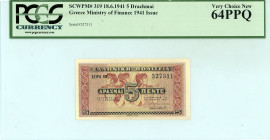 Greece
Greek State (ΕΛΛΗΝΙΚΗ ΠΟΛΙΤΕΙΑ)
5 Drachmai, 18 June 1941
S/N KB 327311
Printer: Aspiotis-ELKA
Pick 319; Pitidis 319

Graded Very Choice New 64 ...