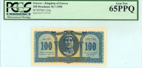 Greece
Kingdom of Greece (BΑΣΙΛΕΙΟΝ ΤΗΣ ΕΛΛΑΔΟΣ)
Ministry of Finance
100 Drachmai, 10th July 1950 - First Issue
S/N αε.07 552792
Watermark: Bank Title...