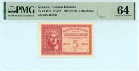 Greece
Ionian Islands
5 Drachmai, ND (1941)
S/N 003 461299
Pick M12; Pitidis 347

Graded Choice Uncirculated 64 PMG.