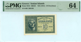 Greece
Ionian Islands
10 Drachmai, ND (1941)
S/N 001 268168
Pick M13; Pitidis 348

Graded Choice Uncirculated 64 PMG.