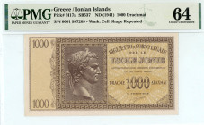 Greece
Ionian Islands
1.000 Drachmai, ND (1941)
S/N 0001 997209
Watermark: Cell Shape Repeated 
Pick M17a; Pitidis 352

Graded Choice Uncirculated 64 ...