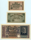 Greece
German Occupation WWII
Lot of 3 banknotes comprising Reichsmark; 2 Reichsmark; 50 Reichmark, ND (1940-1945)
S/N 508-195383; N 2033189; B 042914...