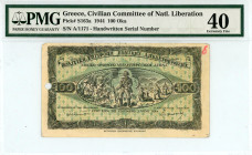 Greece
Civilian Committee for National Liberation
100 Okas, 5 June 1944
Black stamp of Peloponnese
S/N A/1171
Pick S163a; Pitidis 411

Graded Extremel...