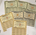Greece
Lot of 7 bonds comprising “ΜΕΒΕΑ” Α.Ε. (2), 5 shares, 15th November 1973; “ΜΕΒΕΑ” Α.Ε. (2), 10 shares, 2nd August 1972 and “ΜΕΒΕΑ” Α.Ε. (3), 25...